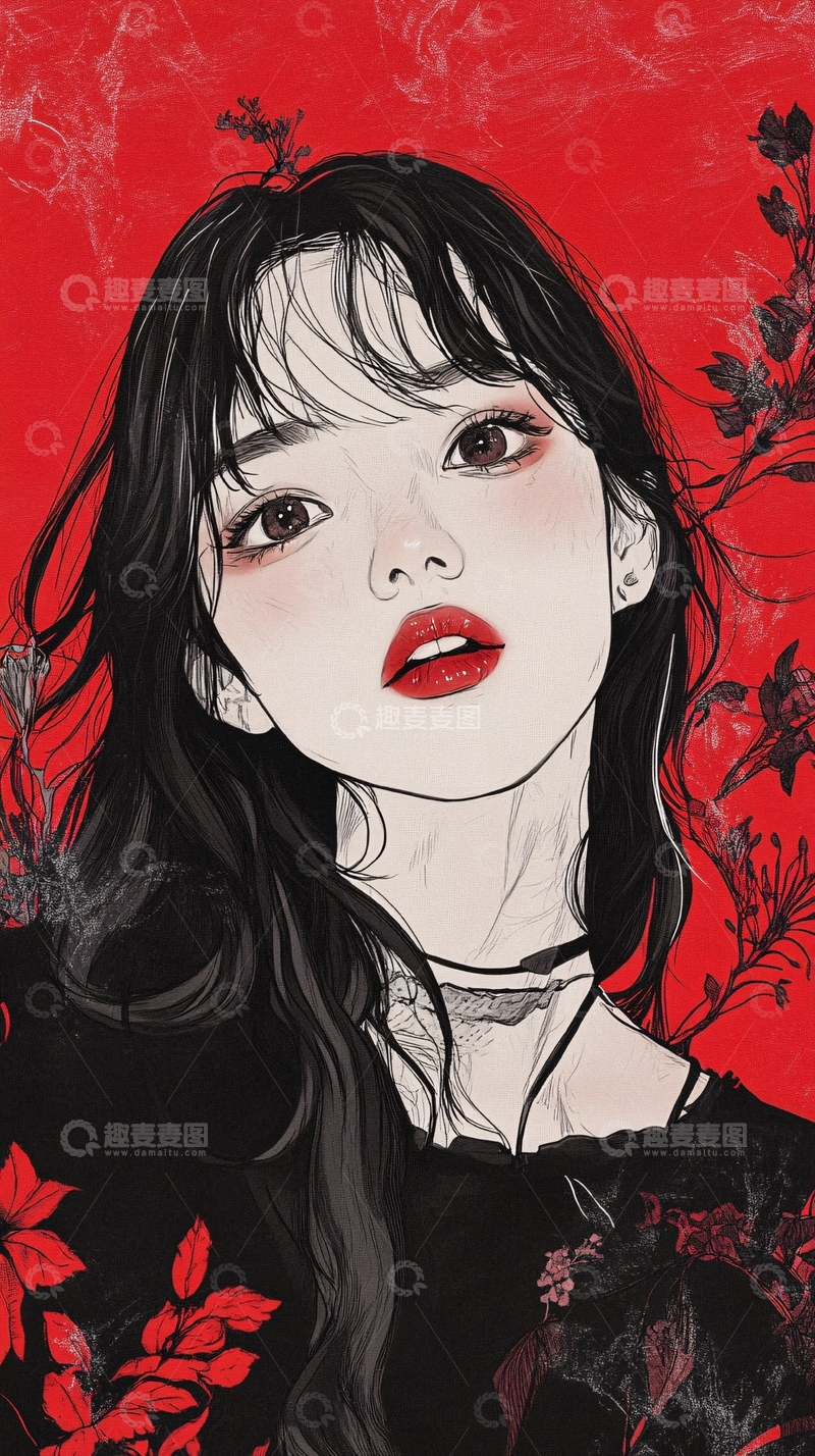 高清大图下载【趣麦麦图】红衣黑发女生插画