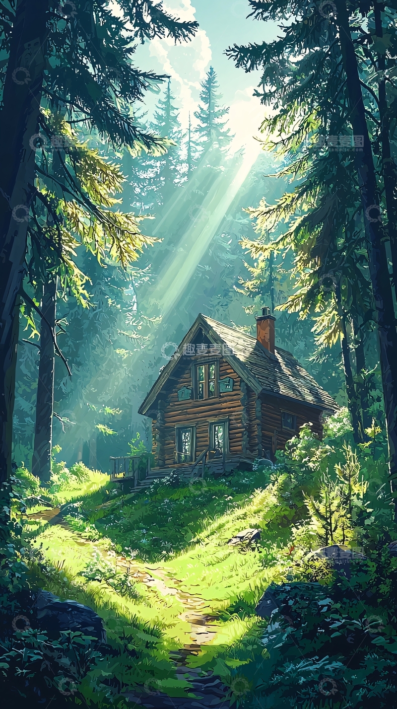 高清大图下载【趣麦麦图】森林小屋阳光洒下