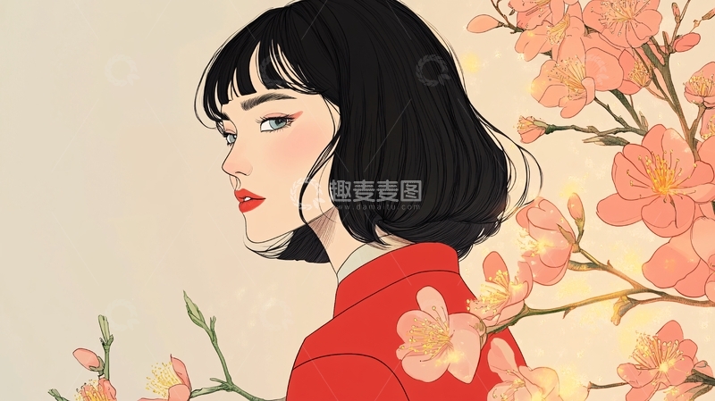 高清大图下载【趣麦麦图】红衣女子侧脸桃花插画