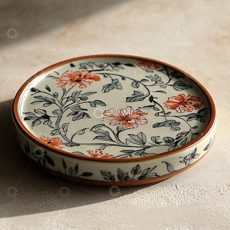 高清大图下载【趣麦麦图】手绘花卉图案的陶瓷盘