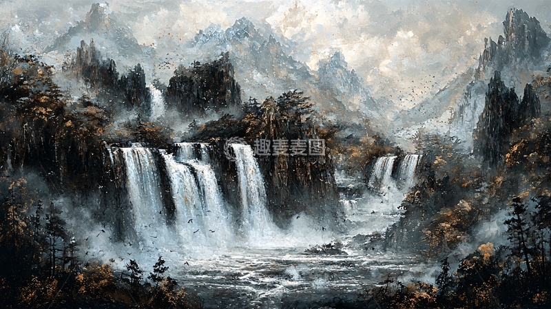高清大图下载【趣麦麦图】山间瀑布风景画