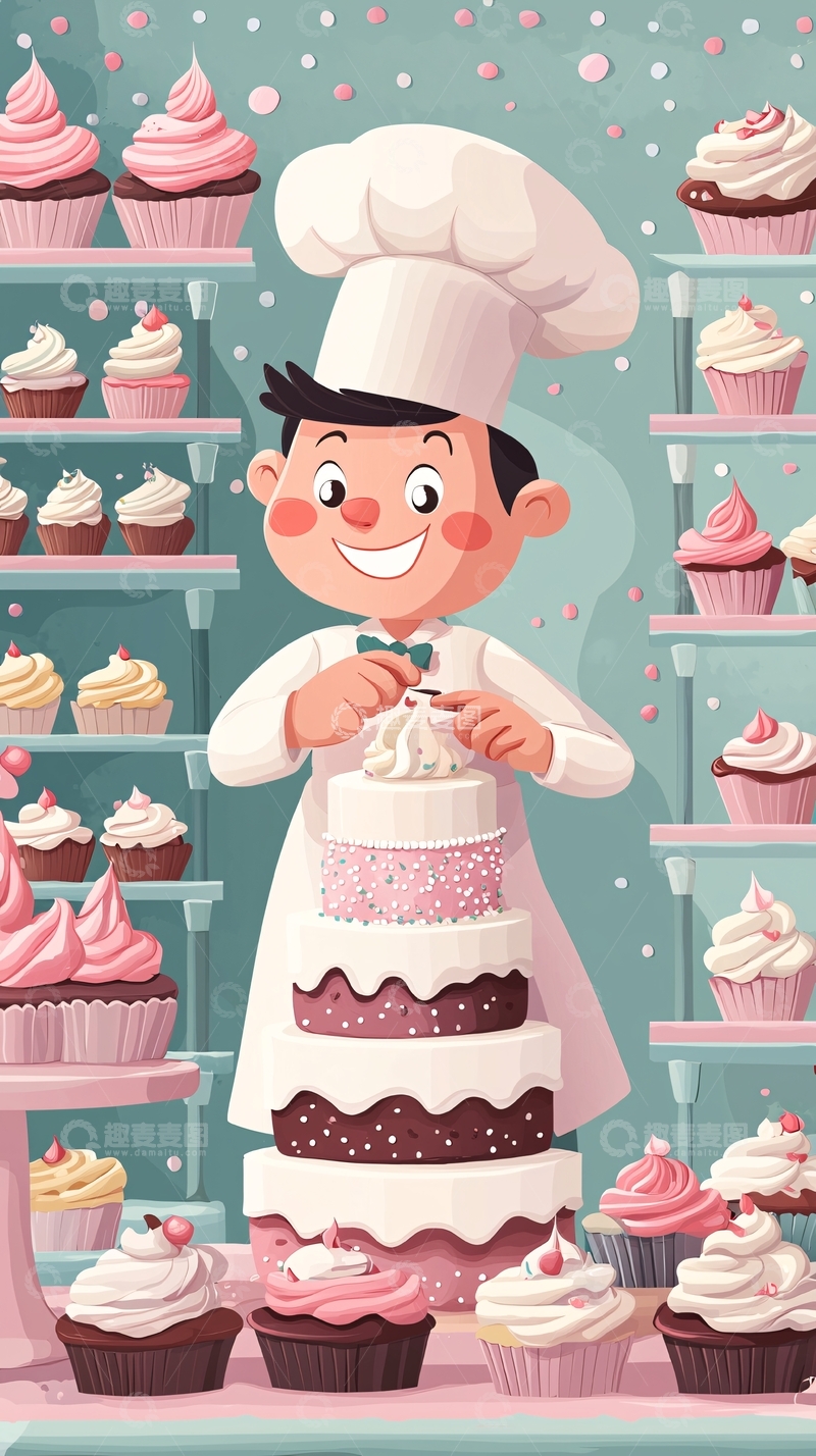 高清大图下载【趣麦麦图】制作蛋糕的卡通厨师