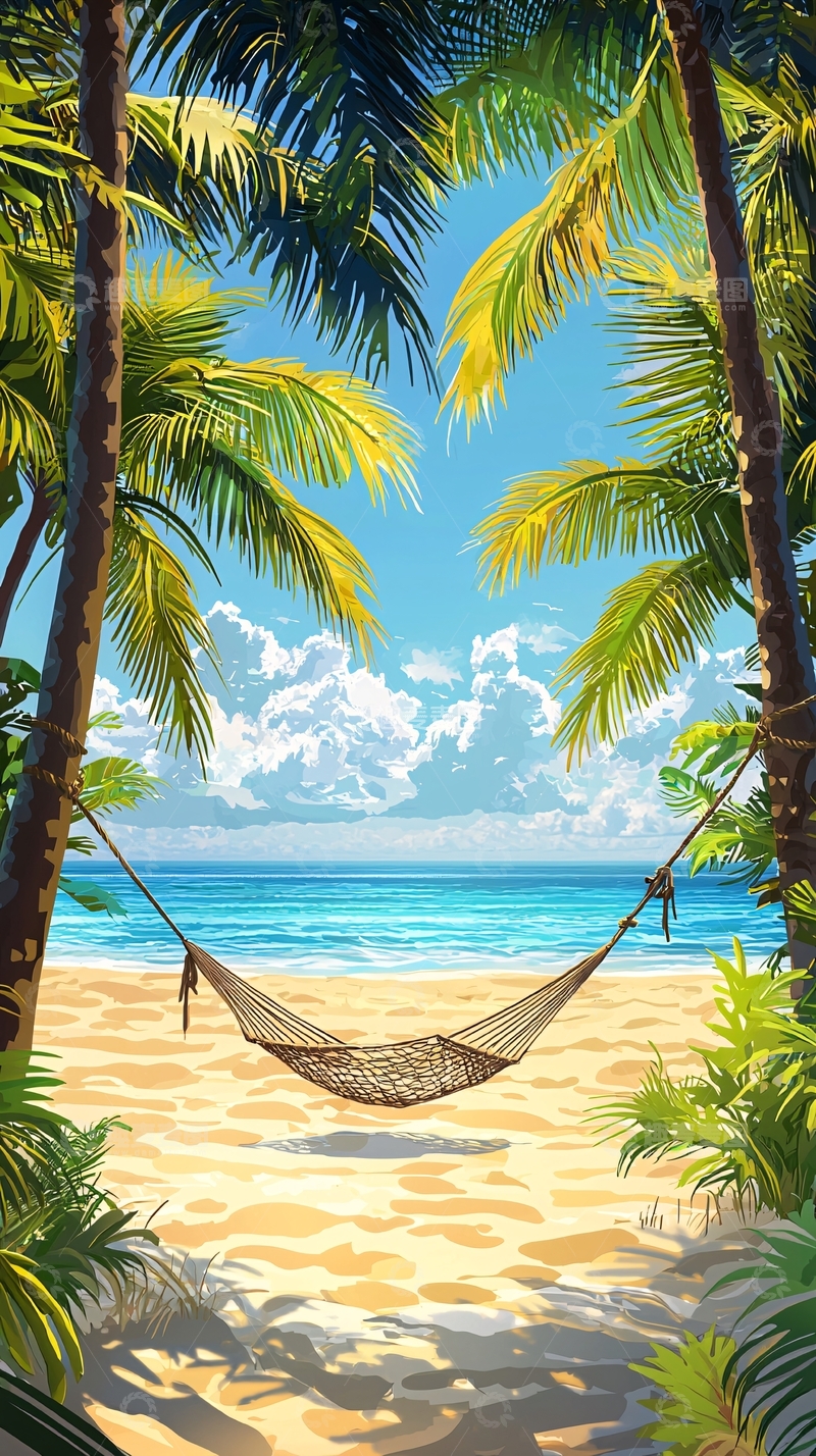 高清大图下载【趣麦麦图】热带海滩吊床风景