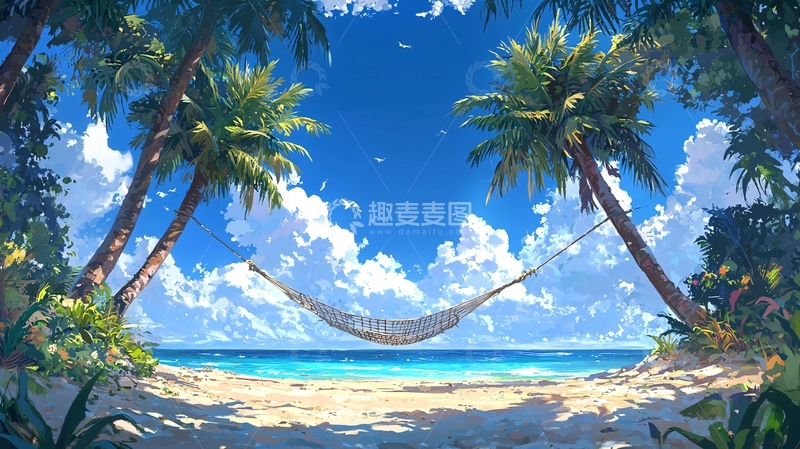高清大图下载【趣麦麦图】热带海滩吊床风景