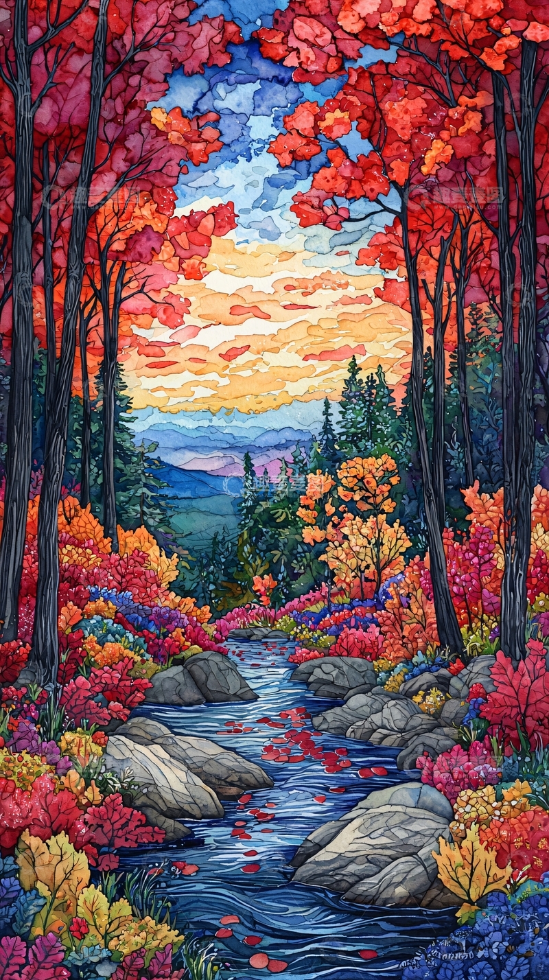 高清大图下载【趣麦麦图】秋日山林溪流景色