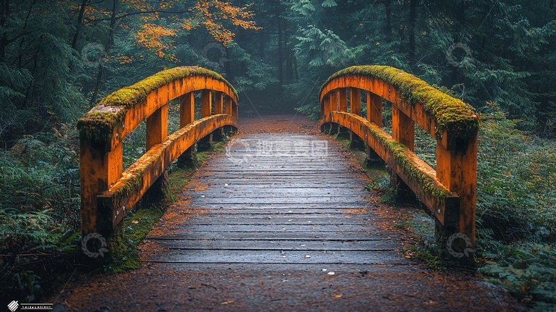 高清大图下载【趣麦麦图】雾气森林木桥
