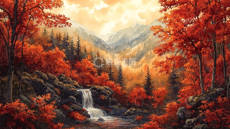 高清大图下载【趣麦麦图】秋日山谷瀑布