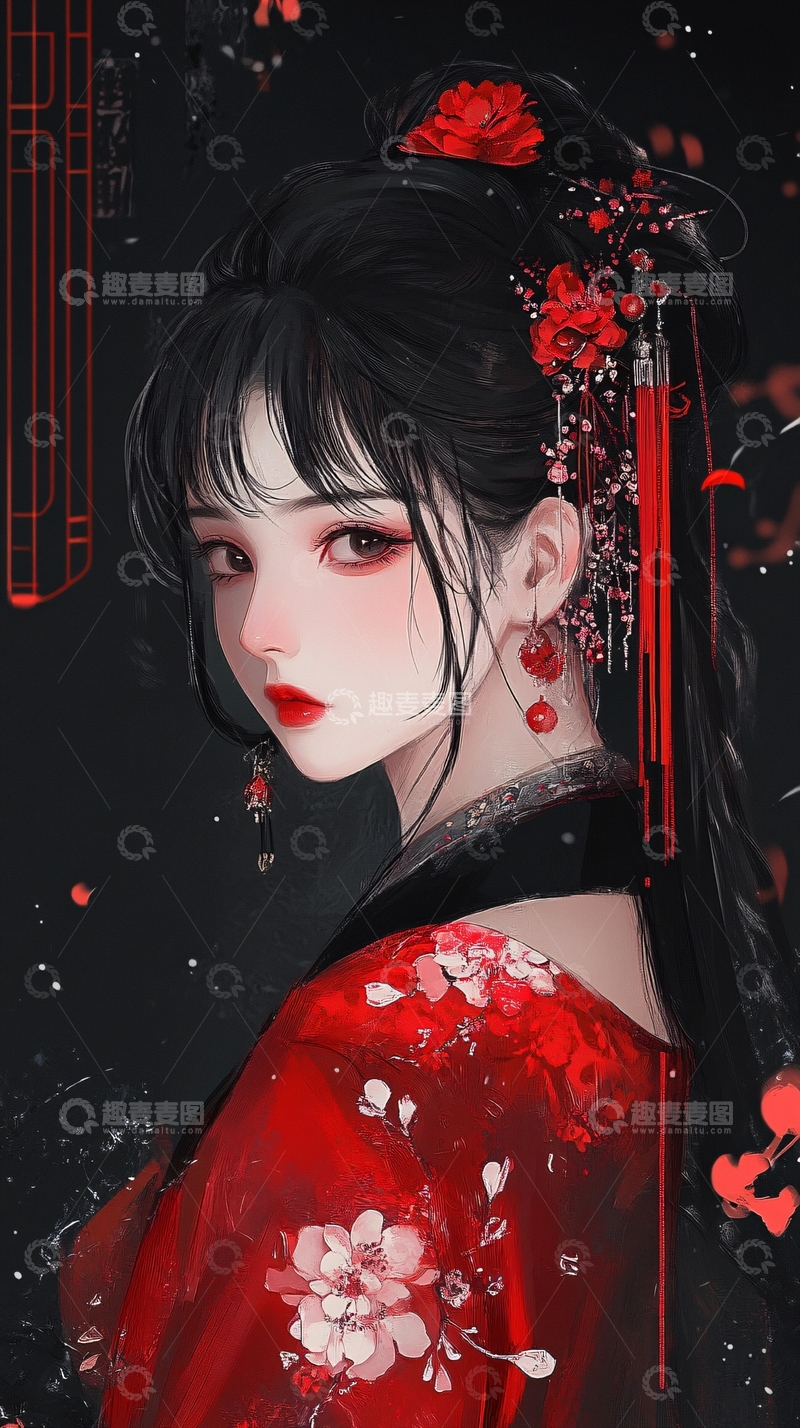 高清大图下载【趣麦麦图】红衣古风美女