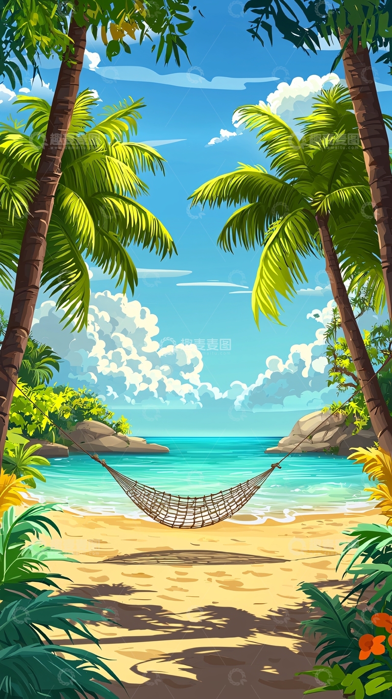 高清大图下载【趣麦麦图】热带海滩吊床风景