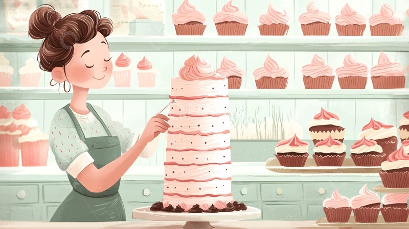 高清大图下载【趣麦麦图】可爱女烘焙师制作蛋糕