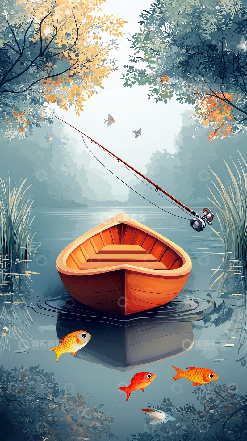 高清大图下载【趣麦麦图】静谧湖泊小船垂钓
