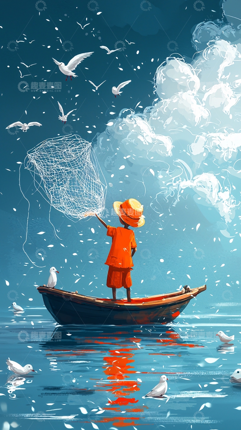 高清大图下载【趣麦麦图】小男孩捕鸟