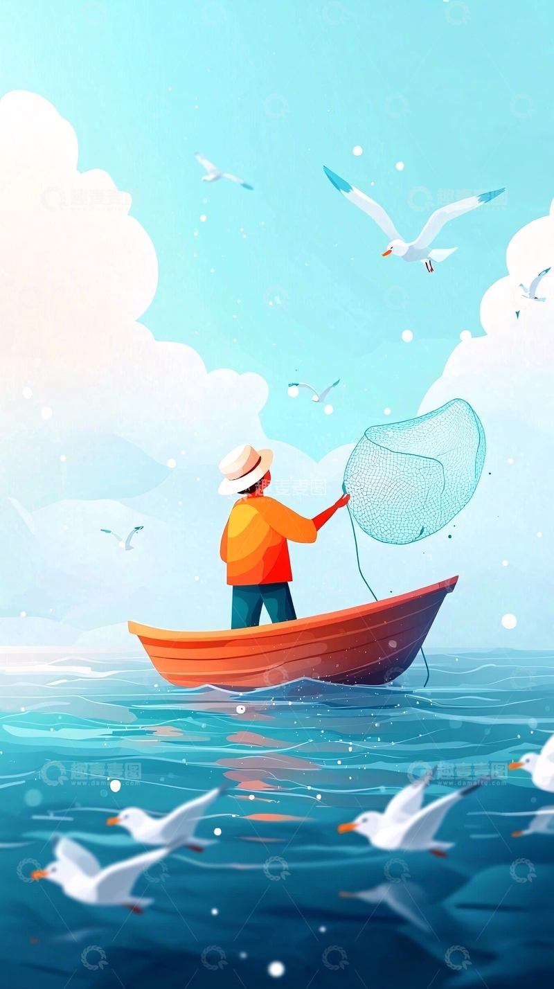高清大图下载【趣麦麦图】渔夫在小船上捕鱼