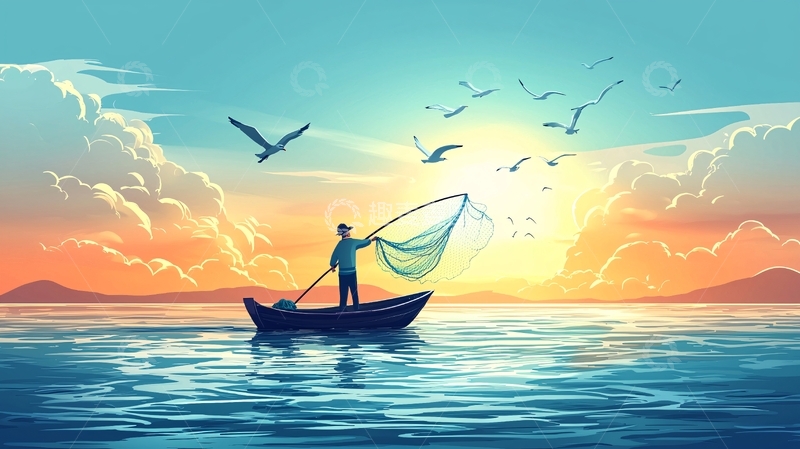 高清大图下载【趣麦麦图】海边渔夫撒网捕鱼