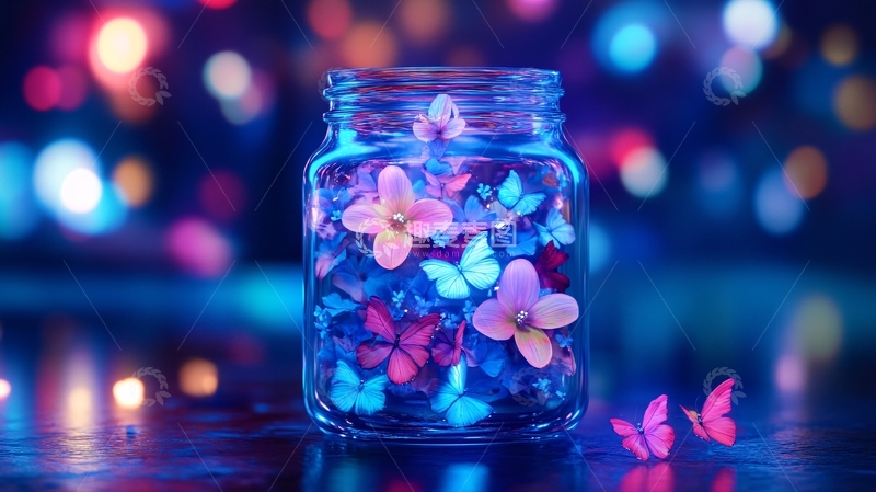 高清大图下载【趣麦麦图】萤火虫般梦幻蝴蝶瓶