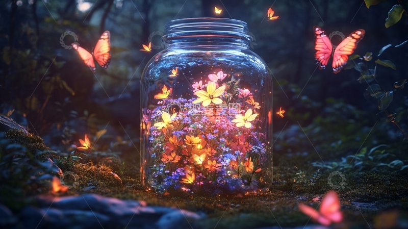 高清大图下载【趣麦麦图】萤火虫与花朵在玻璃瓶中