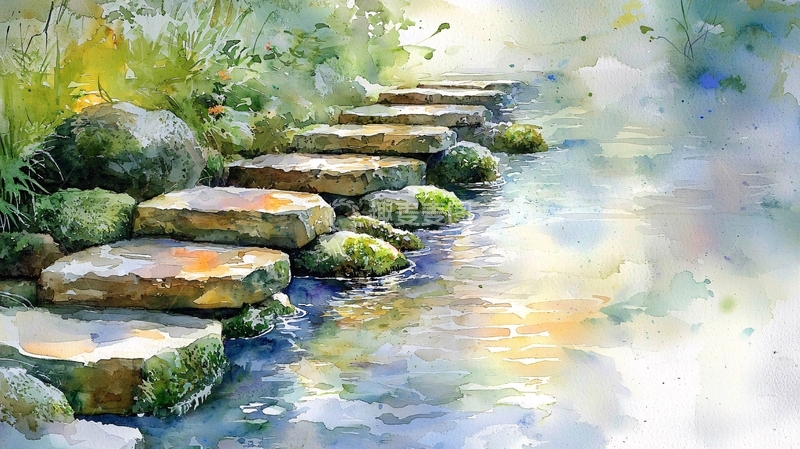 高清大图下载【趣麦麦图】水彩石头台阶小路