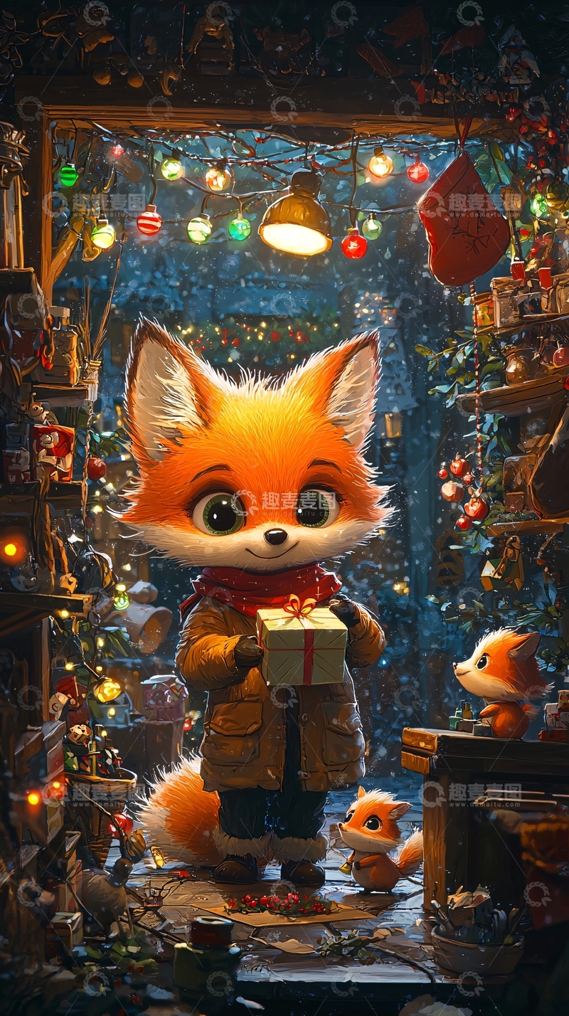 高清大图下载【趣麦麦图】卡通狐狸圣诞礼物