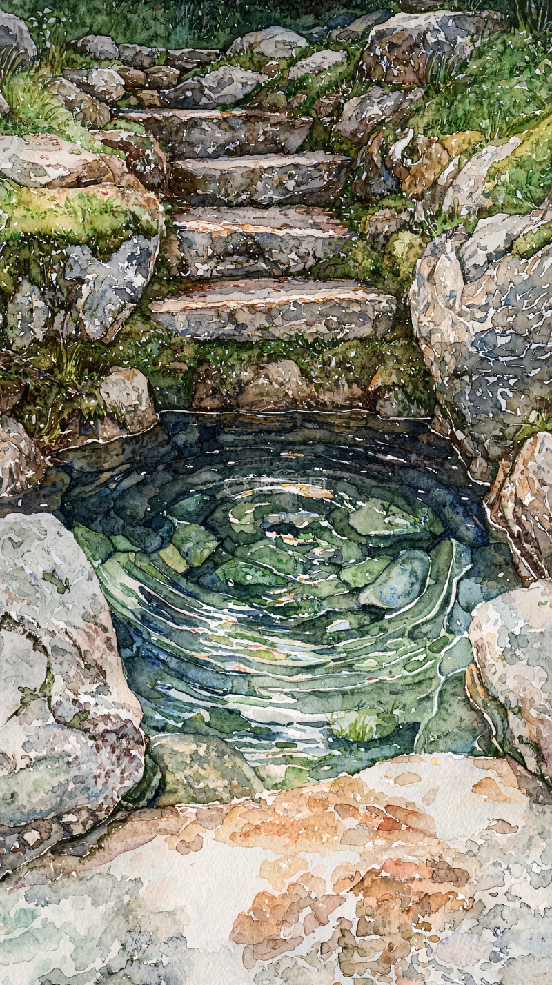 高清大图下载【趣麦麦图】水边的石头台阶水彩画