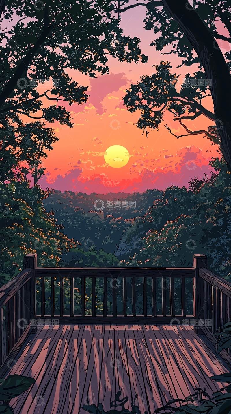 高清大图下载【趣麦麦图】傍晚树林阳台日落景色