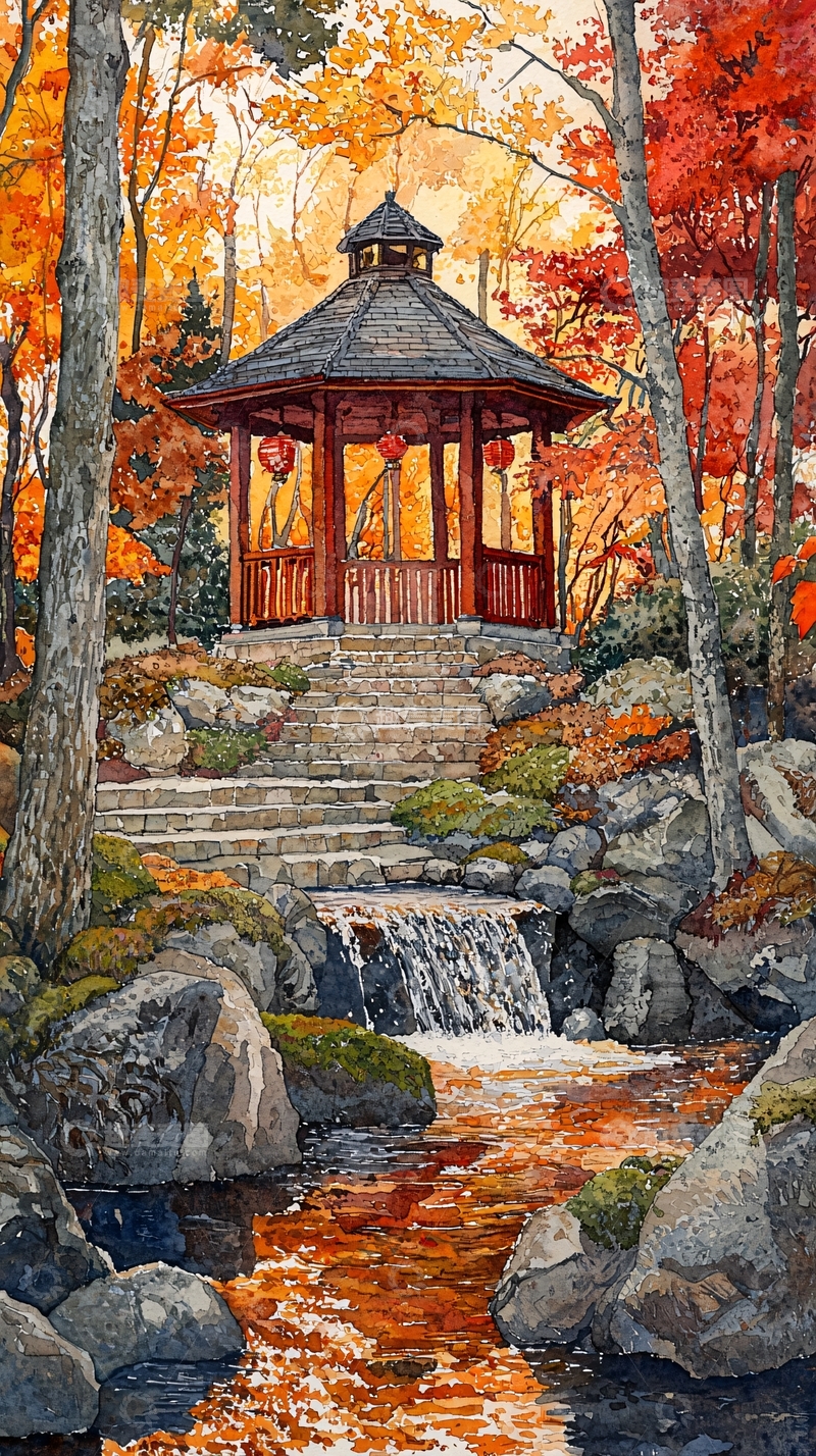 高清大图下载【趣麦麦图】秋日红叶园林景色