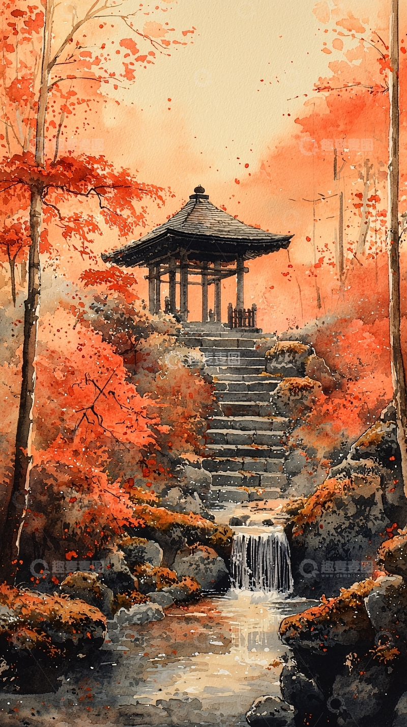 高清大图下载【趣麦麦图】秋日枫叶日式庭院