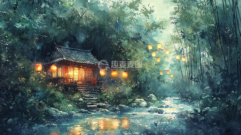 高清大图下载【趣麦麦图】森林小屋夜景