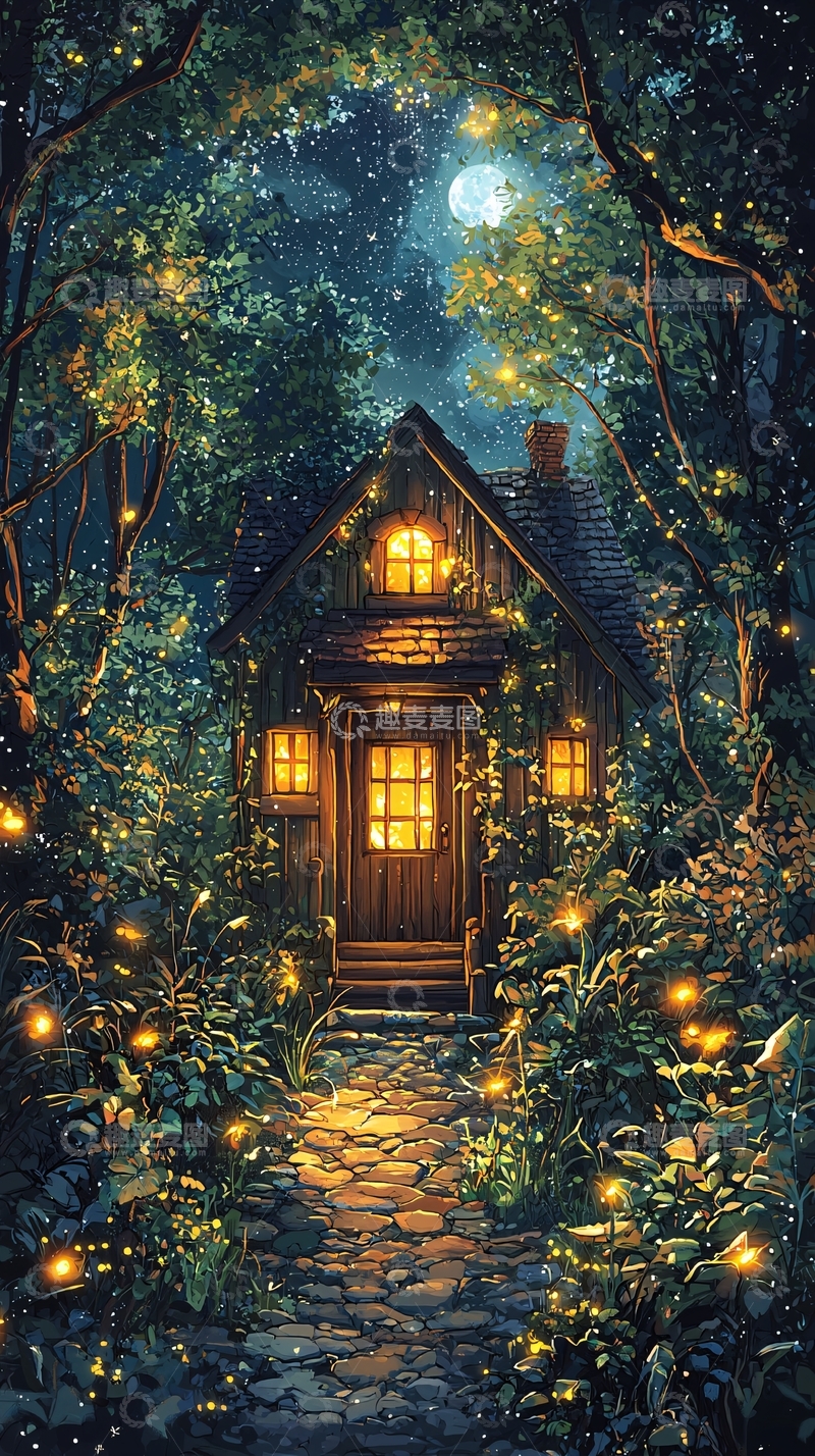 高清大图下载【趣麦麦图】森林小屋夜景唯美灯光
