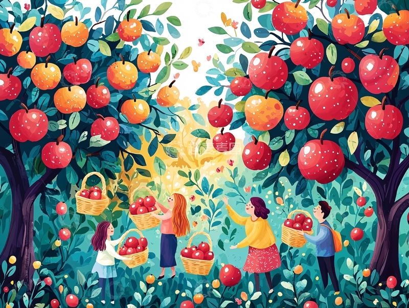 高清大图下载【趣麦麦图】丰收的苹果树下人们采摘