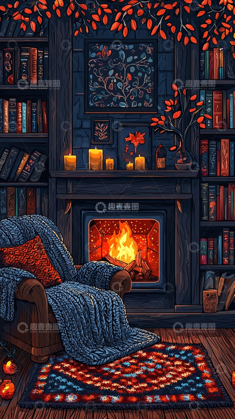 高清大图下载【趣麦麦图】壁炉旁的舒适书房