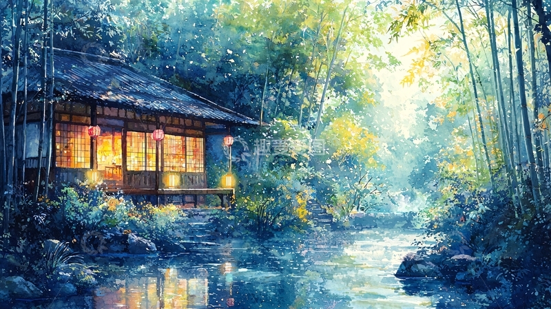 高清大图下载【趣麦麦图】竹林小屋流水