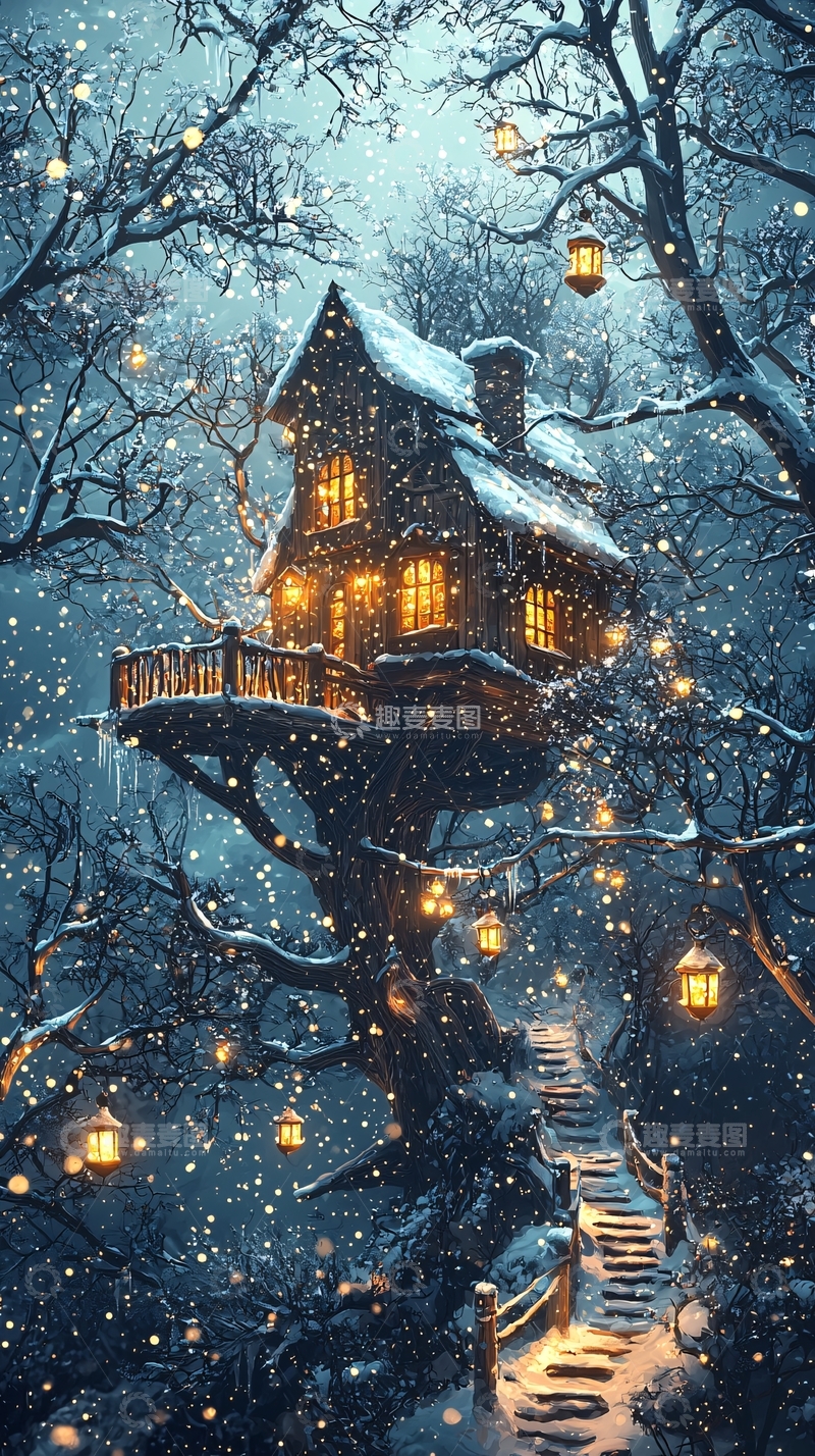 高清大图下载【趣麦麦图】雪夜树屋