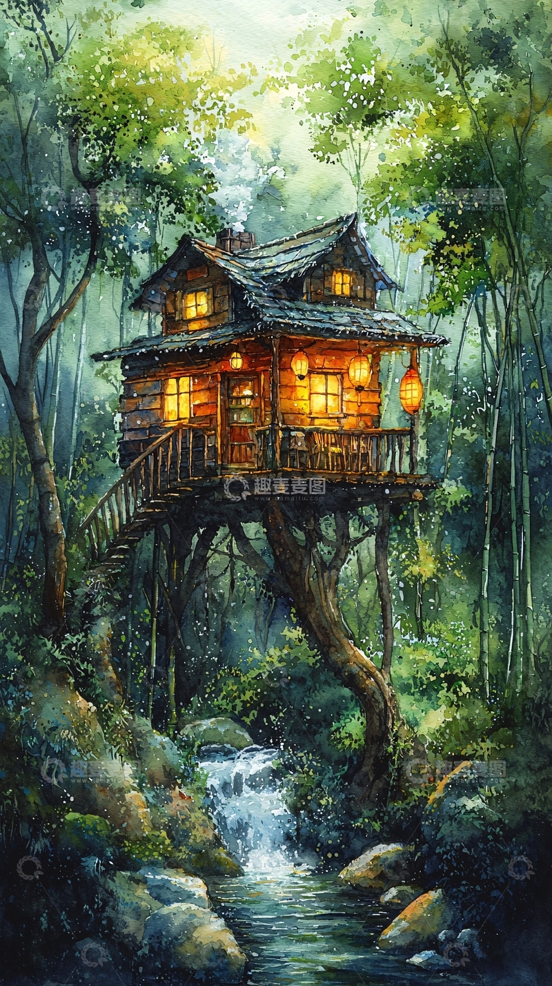 高清大图下载【趣麦麦图】森林里的温馨树屋