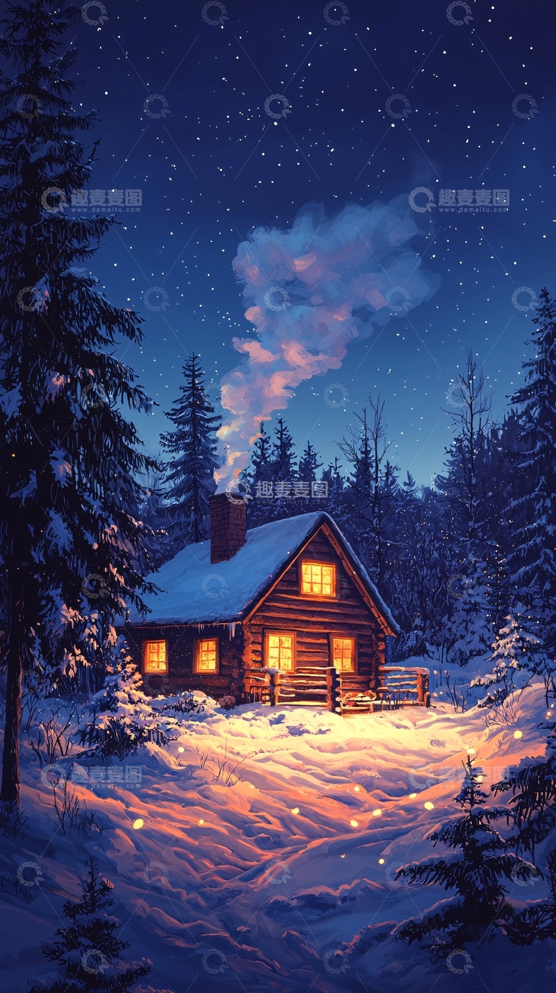 高清大图下载【趣麦麦图】雪夜森林中的温暖小屋