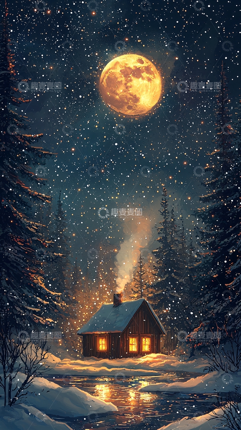 高清大图下载【趣麦麦图】冬夜雪景小屋