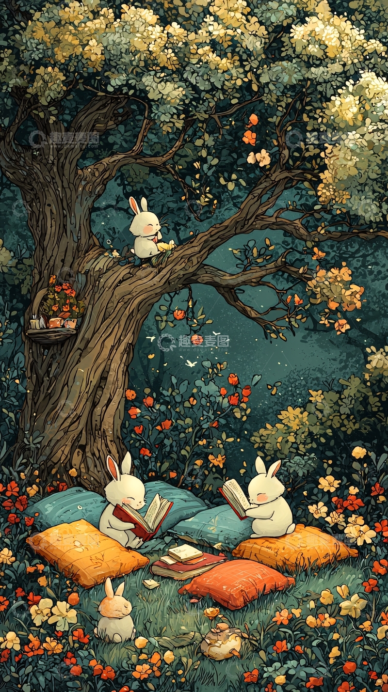 高清大图下载【趣麦麦图】树下看书的兔子