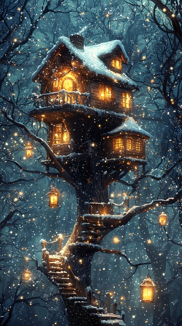 雪夜森林里的童话树屋