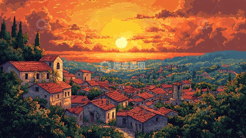 高清大图下载【趣麦麦图】托斯卡纳日落村庄风光