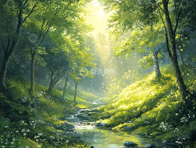 高清大图下载【趣麦麦图】阳光穿透树林的溪流