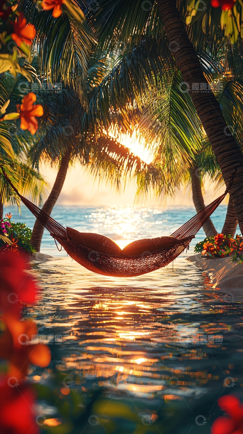高清大图下载【趣麦麦图】热带海滩吊床日落美景