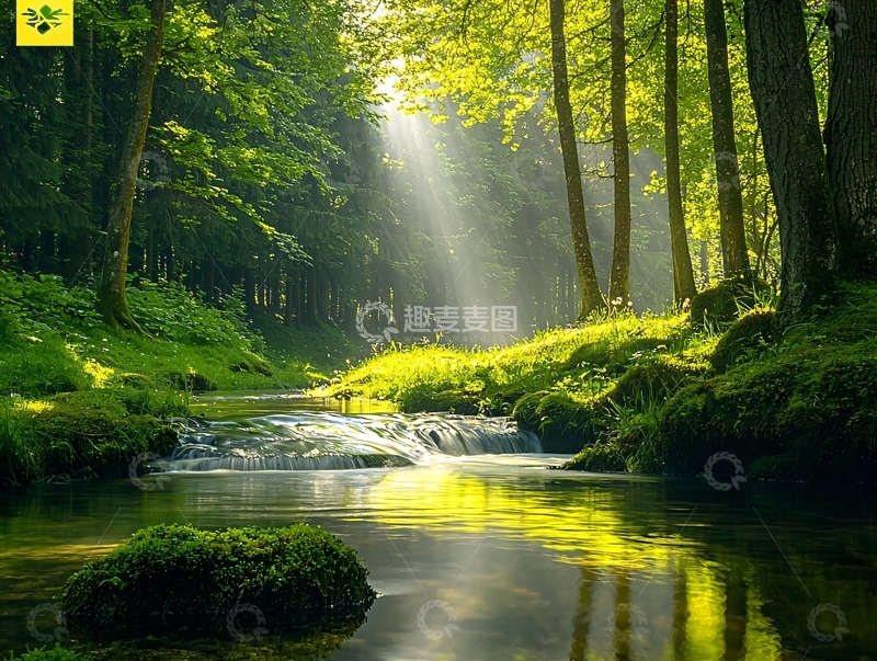 高清大图下载【趣麦麦图】阳光穿透森林小溪