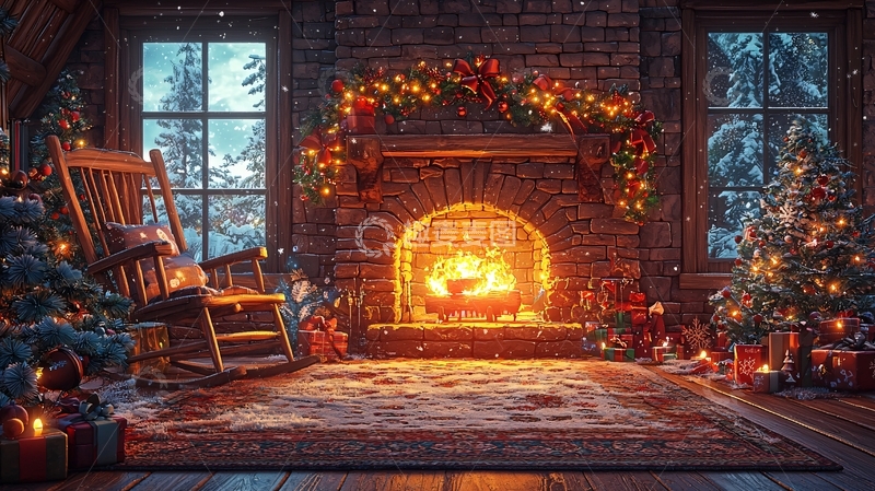 高清大图下载【趣麦麦图】温馨圣诞壁炉房间