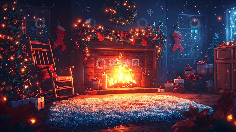 高清大图下载【趣麦麦图】圣诞节壁炉温馨场景