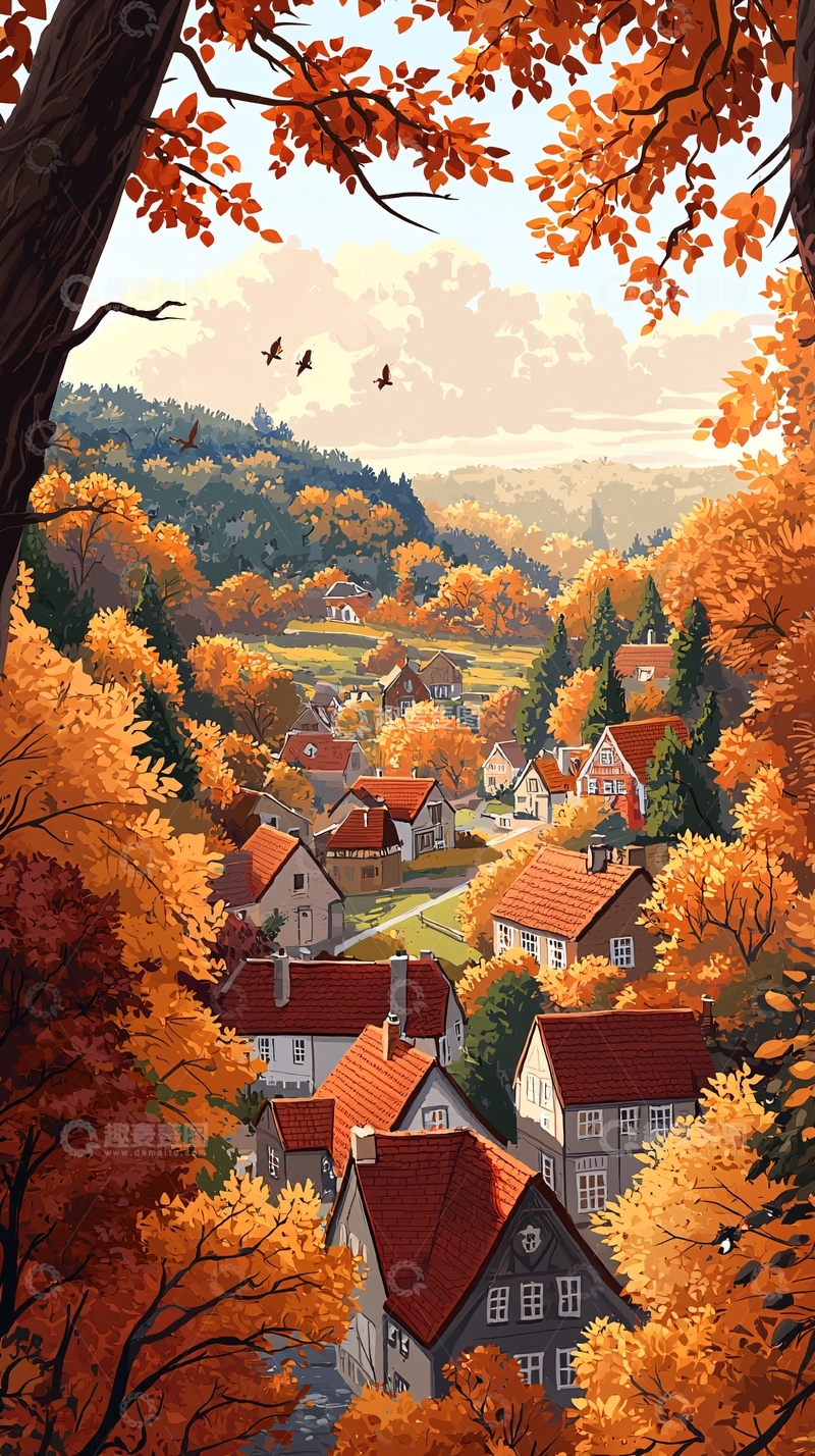 高清大图下载【趣麦麦图】秋日童话小镇景色