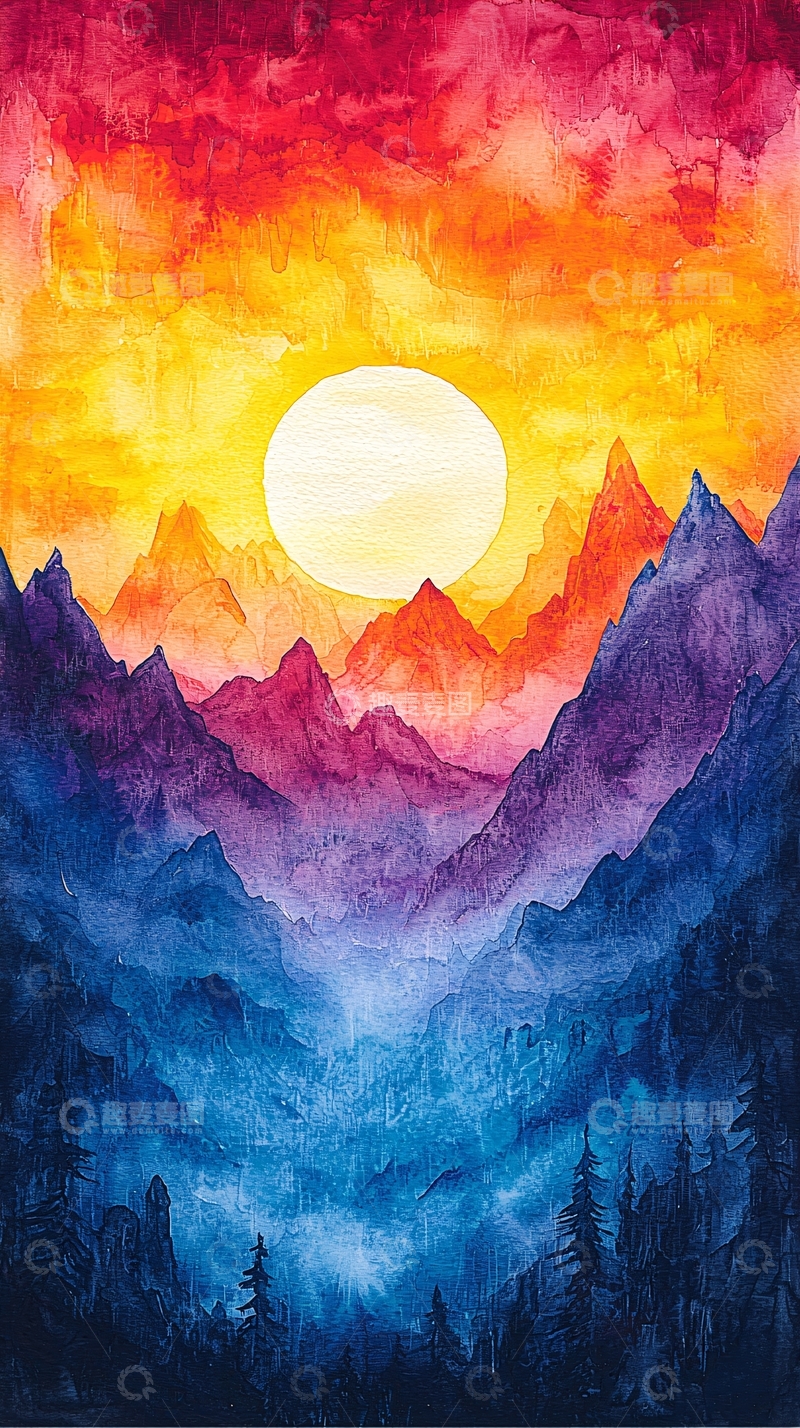 高清大图下载【趣麦麦图】山间日落水彩画
