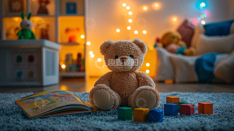 高清大图下载【趣麦麦图】玩具熊和儿童房夜景