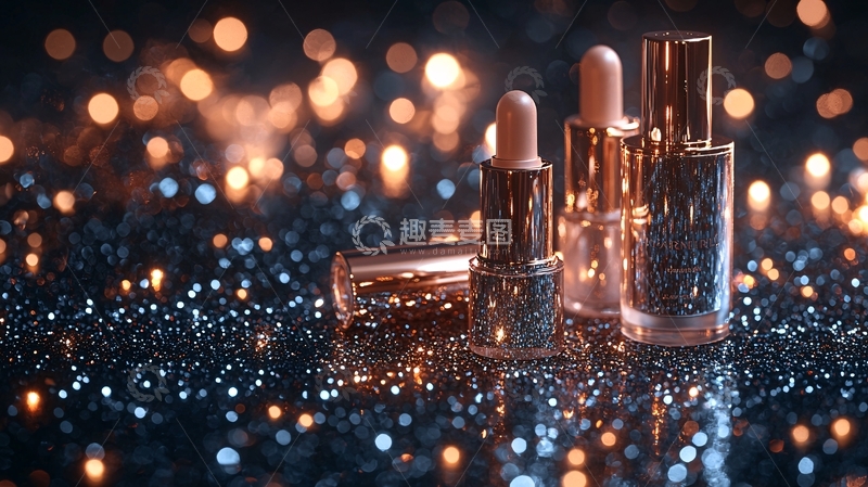 高清大图下载【趣麦麦图】金色化妆品与闪亮背景
