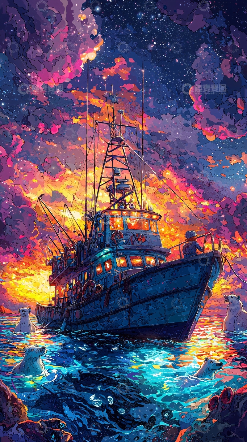 高清大图下载【趣麦麦图】绚丽星空下的渔船