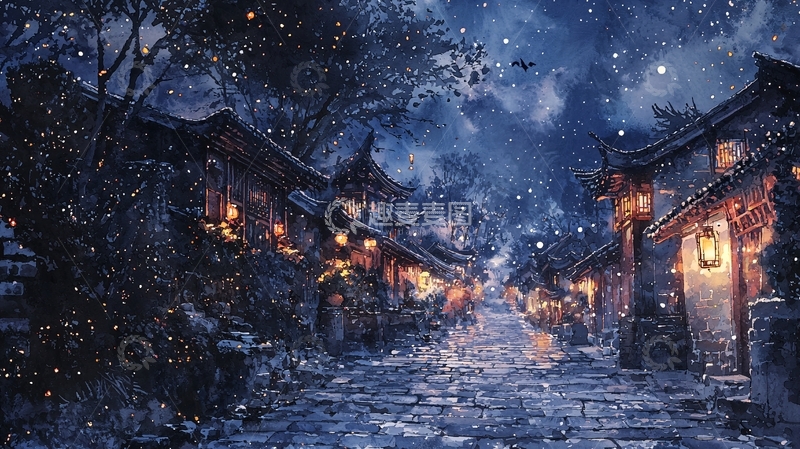 高清大图下载【趣麦麦图】雪夜古镇