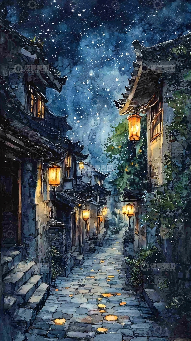 高清大图下载【趣麦麦图】星空下的古镇夜景